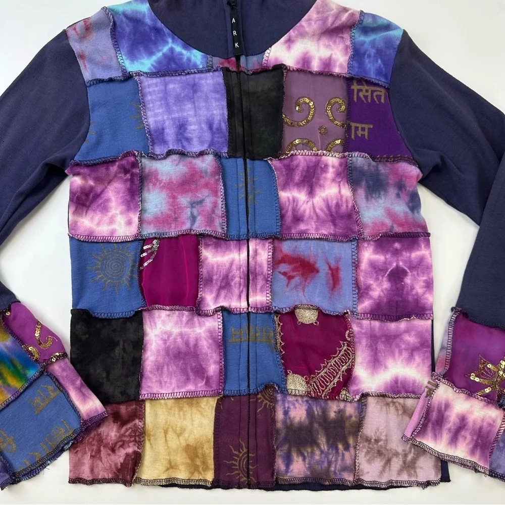Patchwork boho hoodie Small lilac purple jersey sequin zip front casual - Picture 6 of 8